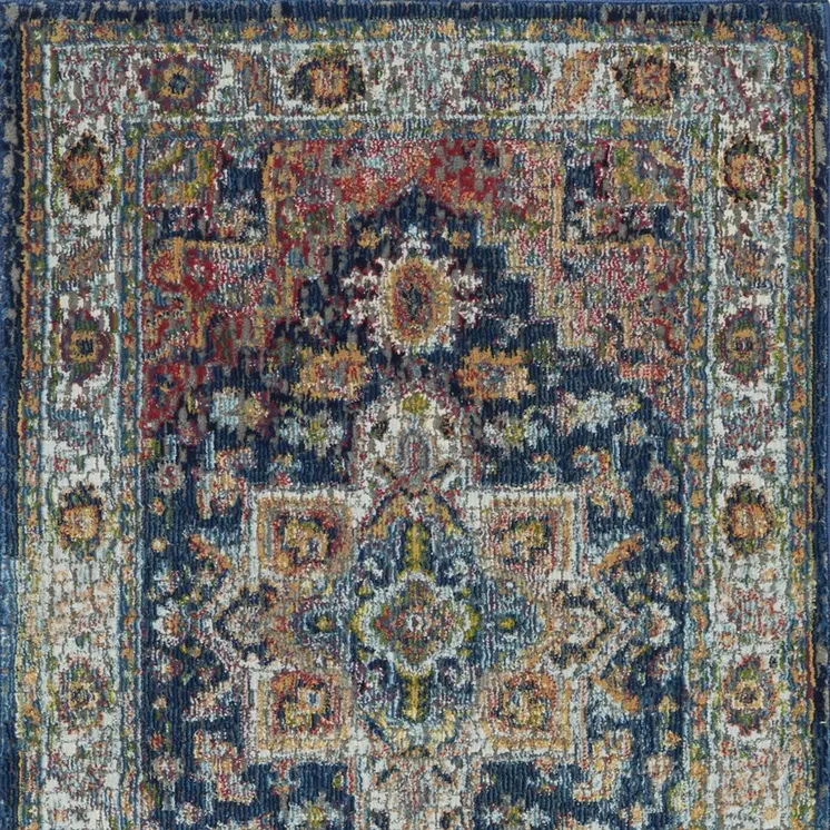 6' Ivory Blue and Orange Floral Distressed Non Skid Runner Rug