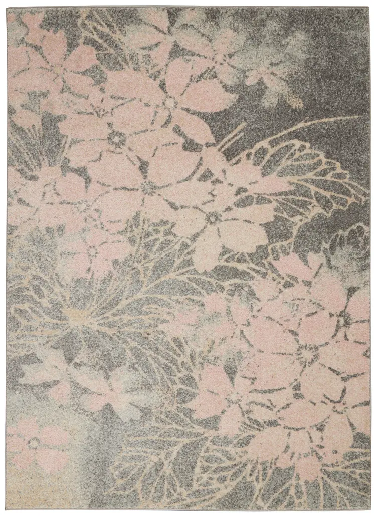 5' X 7' Gray And Pink Floral Area Rug