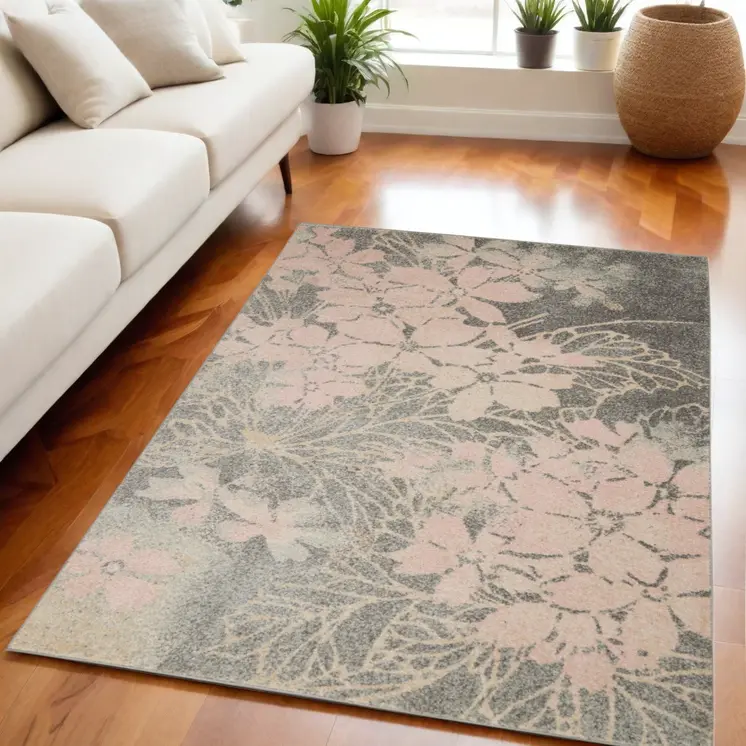 5' X 7' Gray And Pink Floral Area Rug