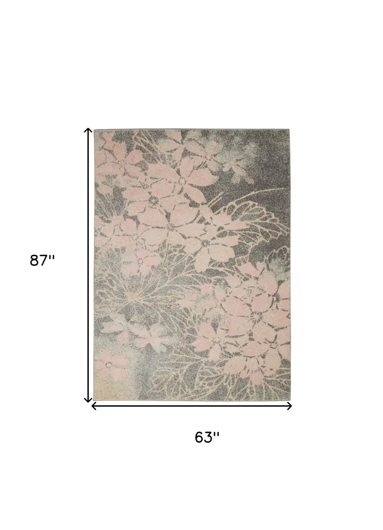 5' X 7' Gray And Pink Floral Area Rug