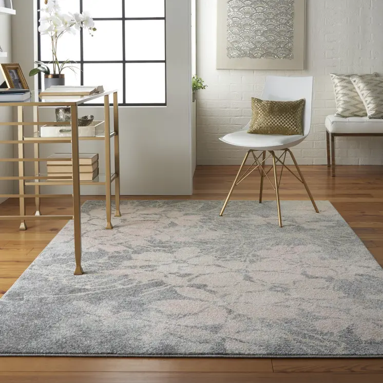 6' X 9' Gray And Pink Floral Area Rug