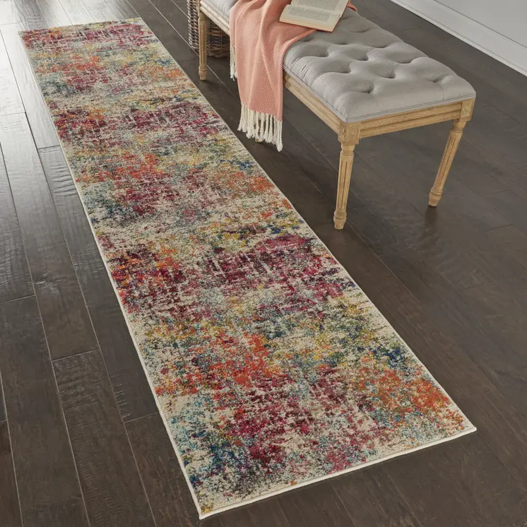 10' Ivory Orange and Pink Abstract Distressed Non Skid Runner Rug