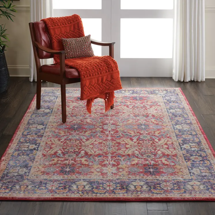 4' X 6' Blue and Red Oriental Distressed Non Skid Area Rug