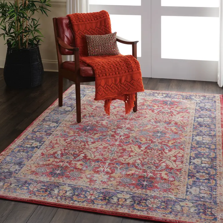 4' X 6' Blue and Red Oriental Distressed Non Skid Area Rug