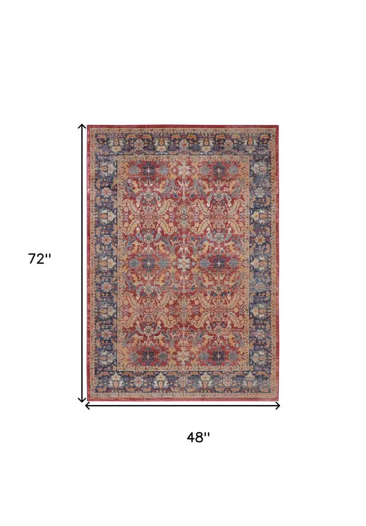 4' X 6' Blue and Red Oriental Distressed Non Skid Area Rug