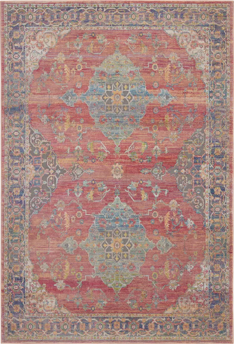 4' X 6' Blue and Red Floral Medallion Distressed Non Skid Area Rug