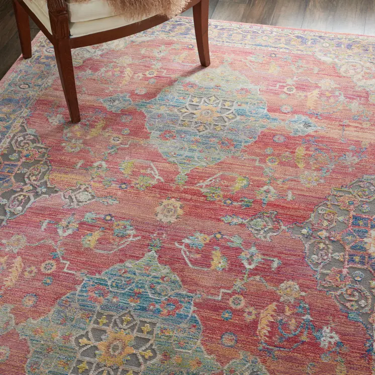 4' X 6' Blue and Red Floral Medallion Distressed Non Skid Area Rug