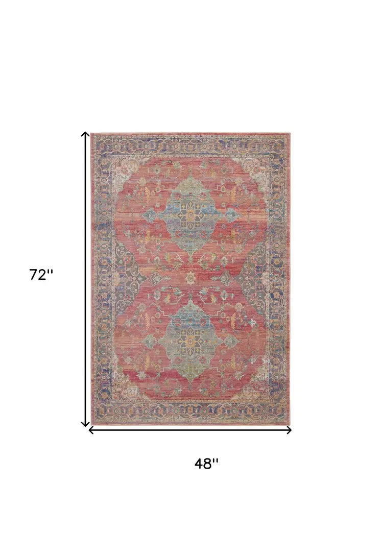 4' X 6' Blue and Red Floral Medallion Distressed Non Skid Area Rug
