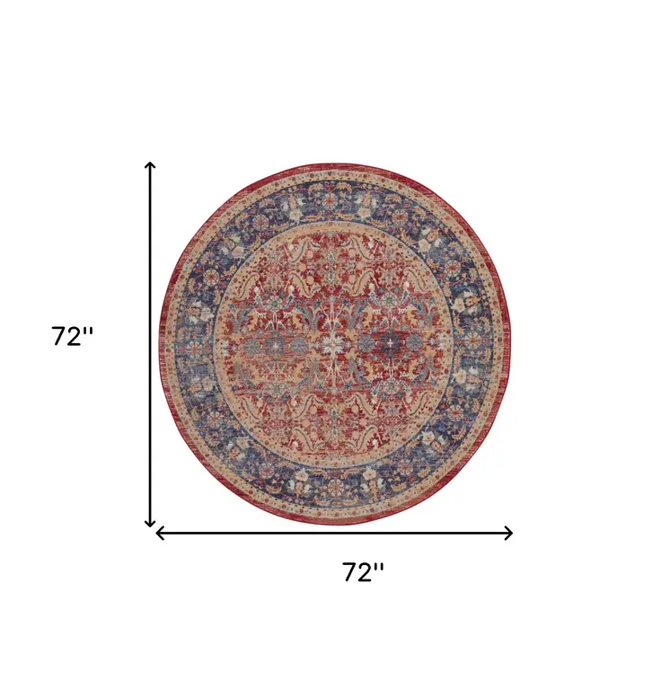 6' Navy Blue and Red Floral Distressed Non Skid Round Rug