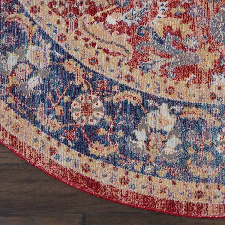6' Navy Blue and Red Floral Distressed Non Skid Round Rug