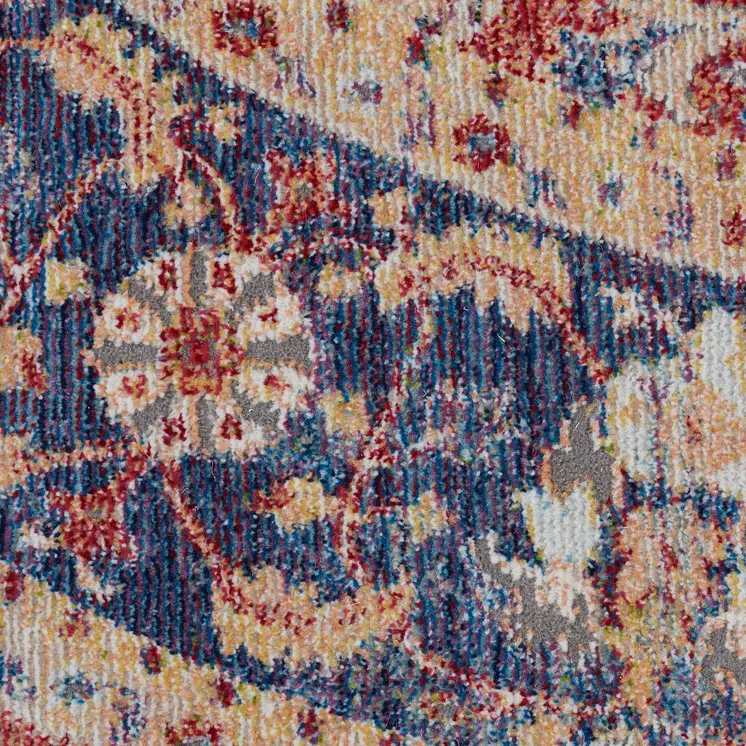 6' Navy Blue and Red Floral Distressed Non Skid Round Rug