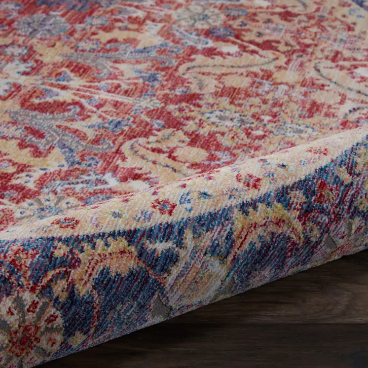 6' Navy Blue and Red Floral Distressed Non Skid Round Rug