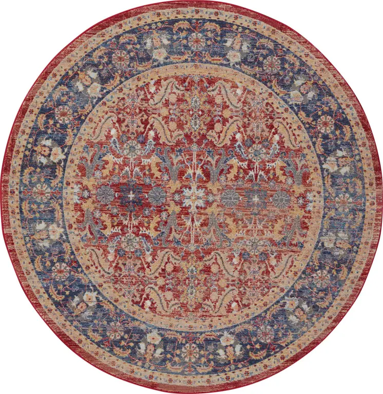 6' Navy Blue and Red Floral Distressed Non Skid Round Rug