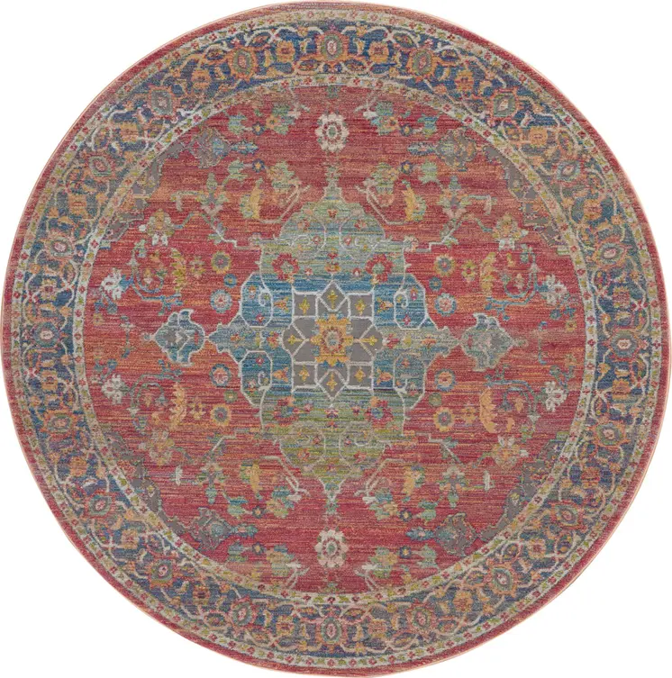 6' Blue and Red Floral Medallion Distressed Non Skid Round Rug