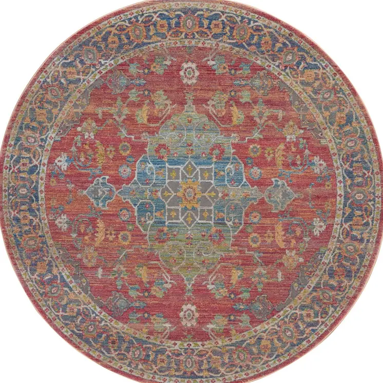 6' Blue and Red Floral Medallion Distressed Non Skid Round Rug