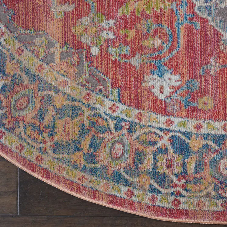 6' Blue and Red Floral Medallion Distressed Non Skid Round Rug
