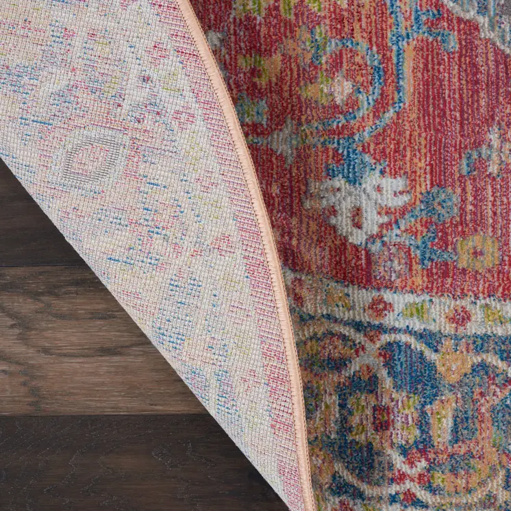 6' Blue and Red Floral Medallion Distressed Non Skid Round Rug