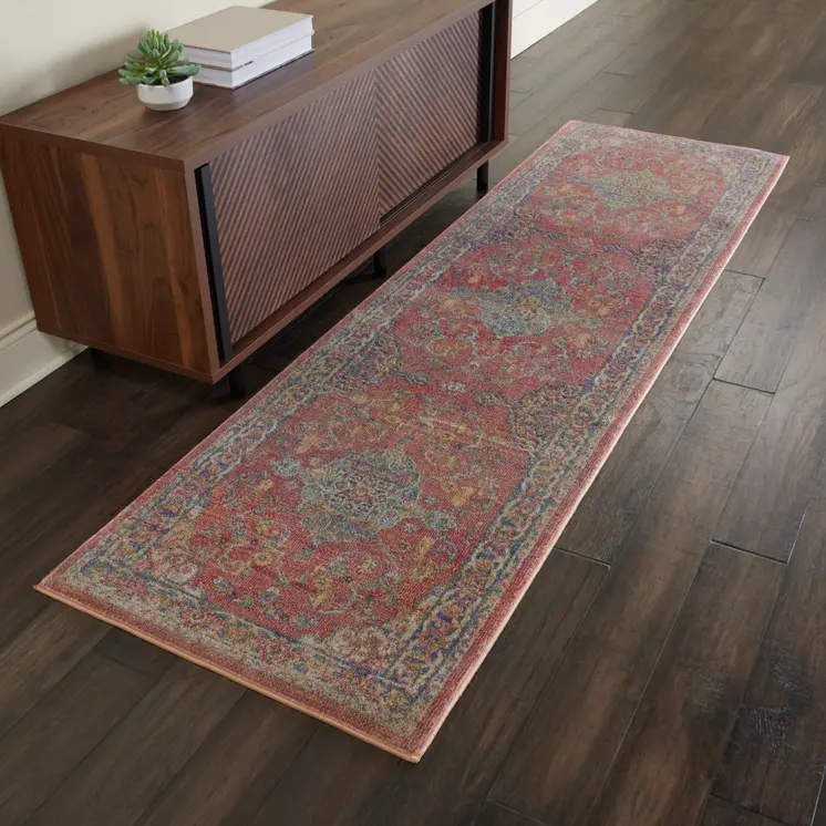 6' Blue and Red Floral Distressed Non Skid Runner Rug