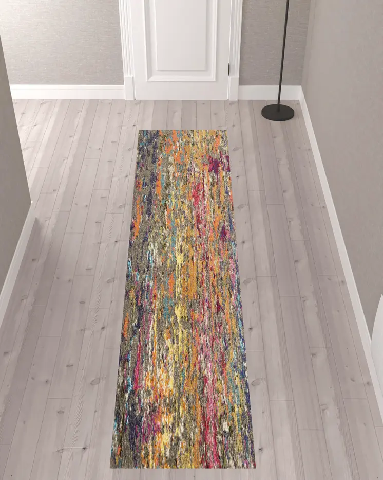 10' Blue and Orange Abstract Non Skid Runner Rug