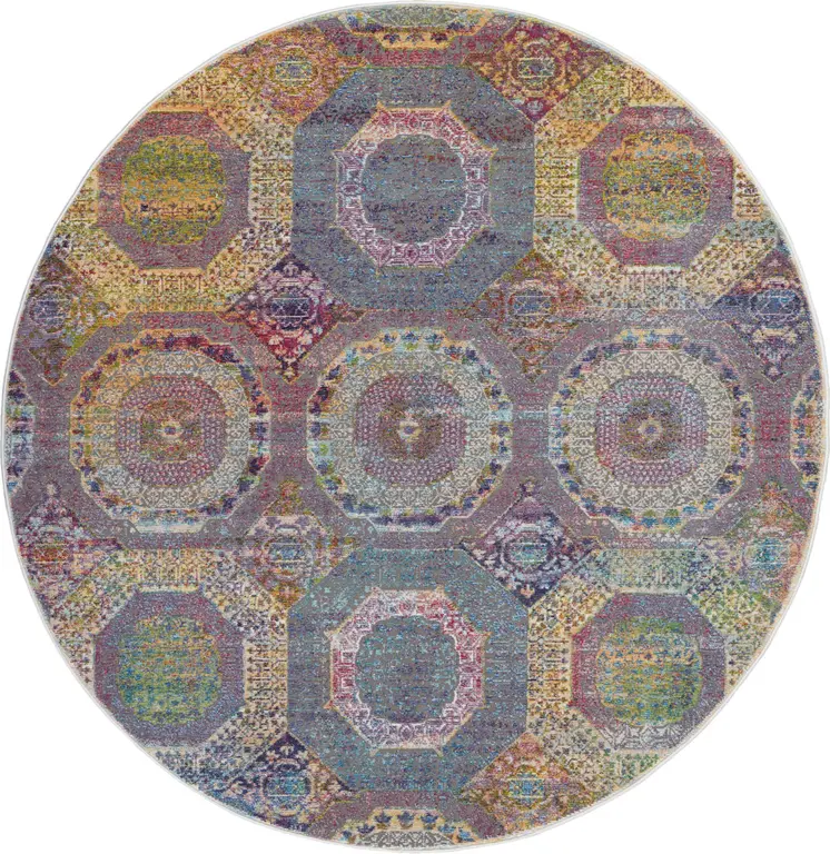 6' Blue Red and Orange Geometric Distressed Non Skid Round Rug