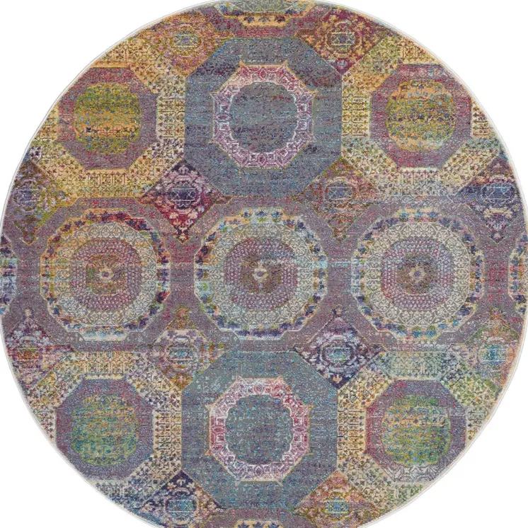 6' Blue Red and Orange Geometric Distressed Non Skid Round Rug