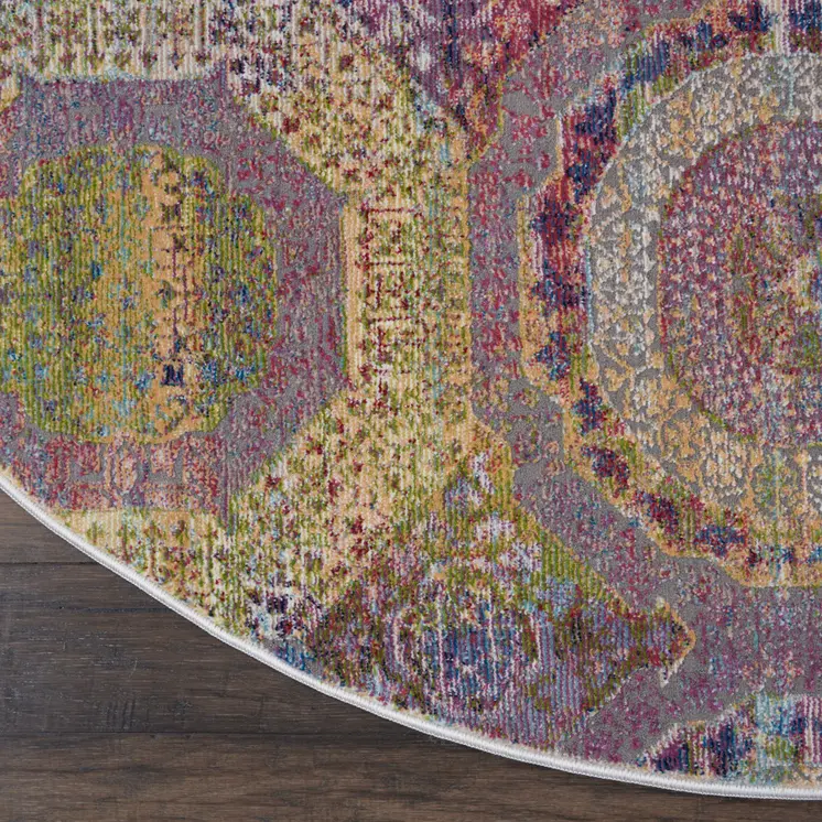 6' Blue Red and Orange Geometric Distressed Non Skid Round Rug