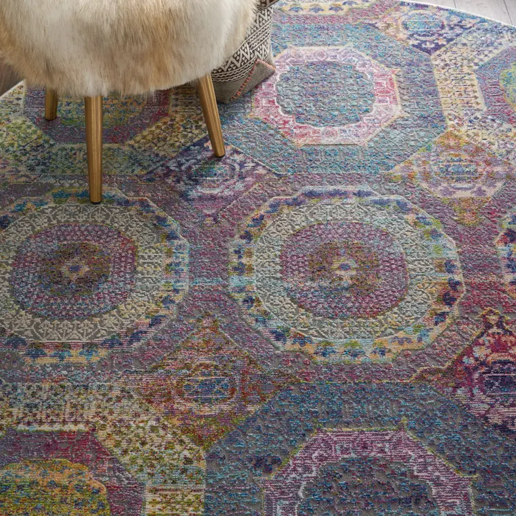 6' Blue Red and Orange Geometric Distressed Non Skid Round Rug