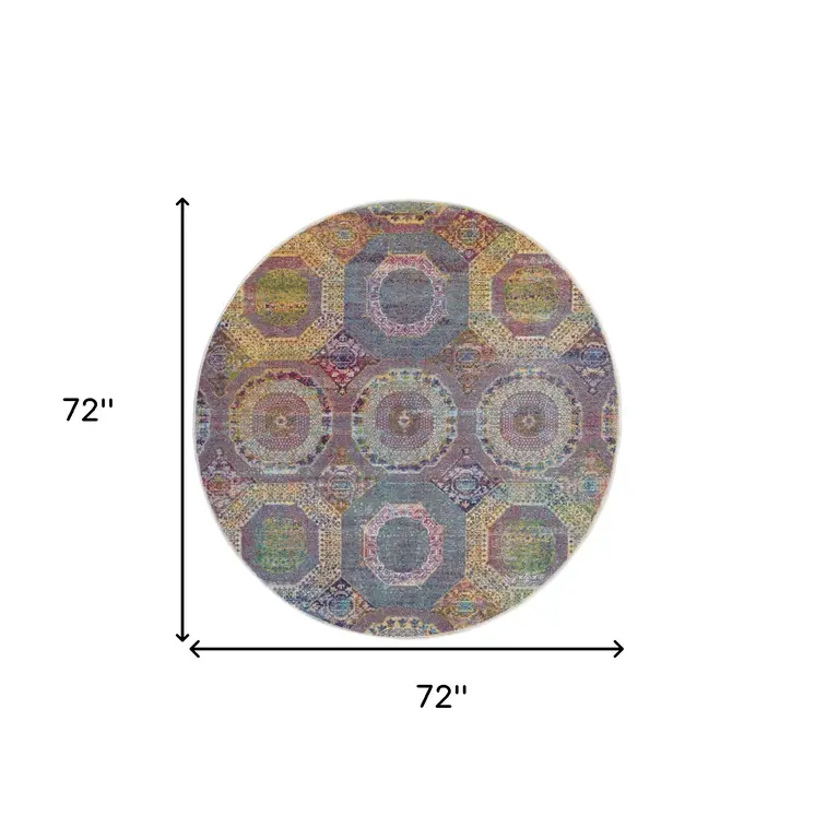 6' Blue Red and Orange Geometric Distressed Non Skid Round Rug