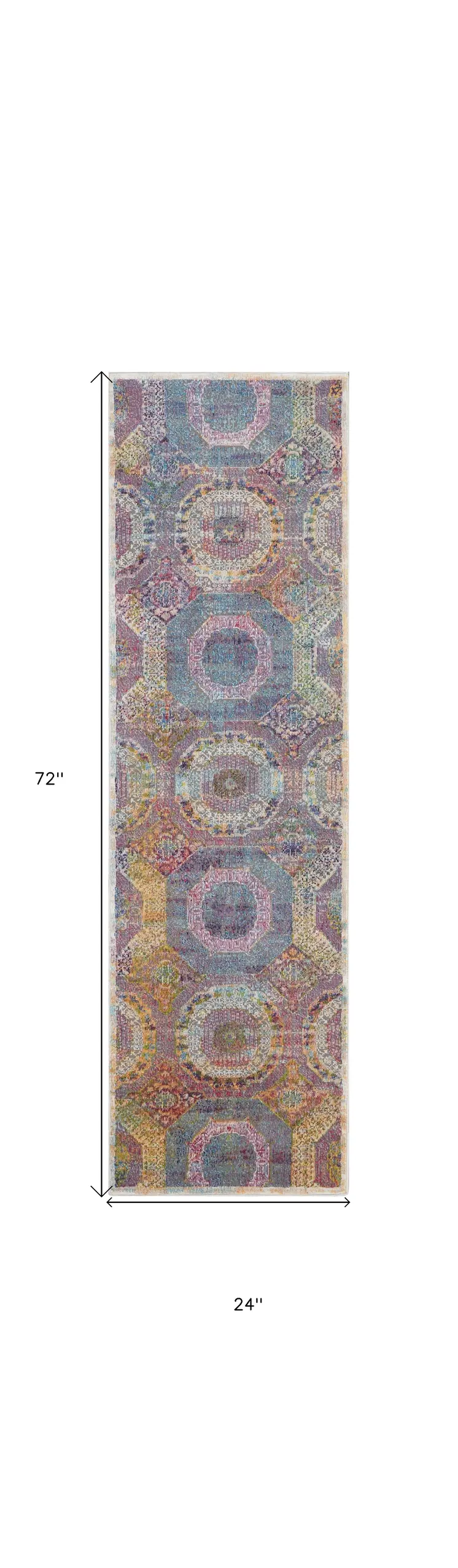 6' Blue Red and Orange Geometric Distressed Non Skid Runner Rug