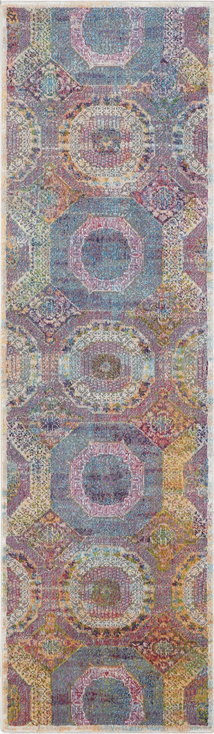 6' Blue Red and Orange Geometric Distressed Non Skid Runner Rug