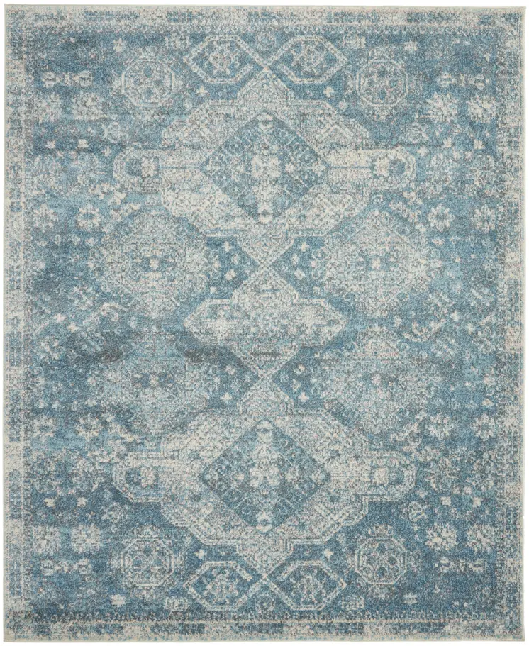7' X 10' Ivory and Light Blue Geometric Distressed Area Rug