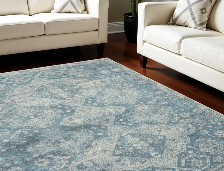 7' X 10' Ivory and Light Blue Geometric Distressed Area Rug