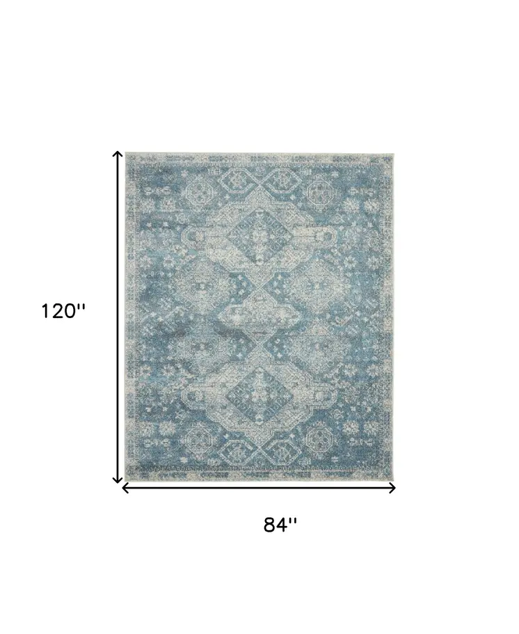 7' X 10' Ivory and Light Blue Geometric Distressed Area Rug