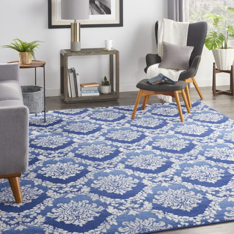 8' X 10' Blue and Ivory Damask Distressed Non Skid Area Rug