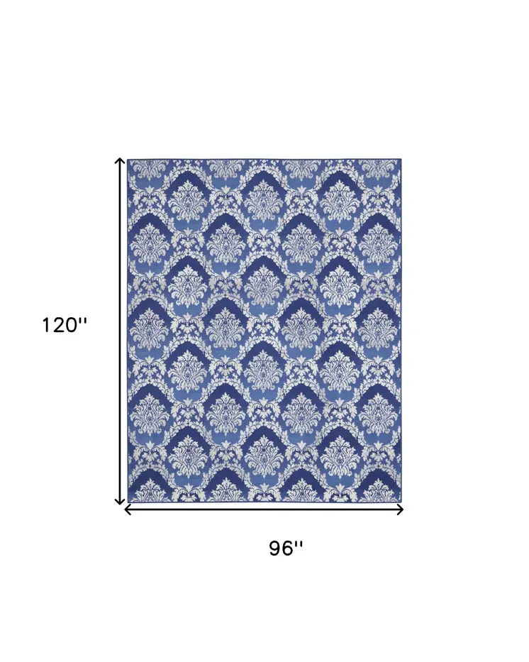 8' X 10' Blue and Ivory Damask Distressed Non Skid Area Rug