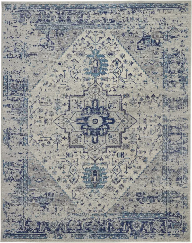 7' X 10' Ivory And Light Blue Floral Medallion Distressed Area Rug