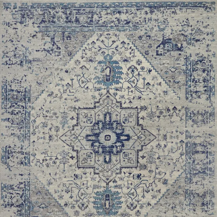 7' X 10' Ivory And Light Blue Floral Medallion Distressed Area Rug