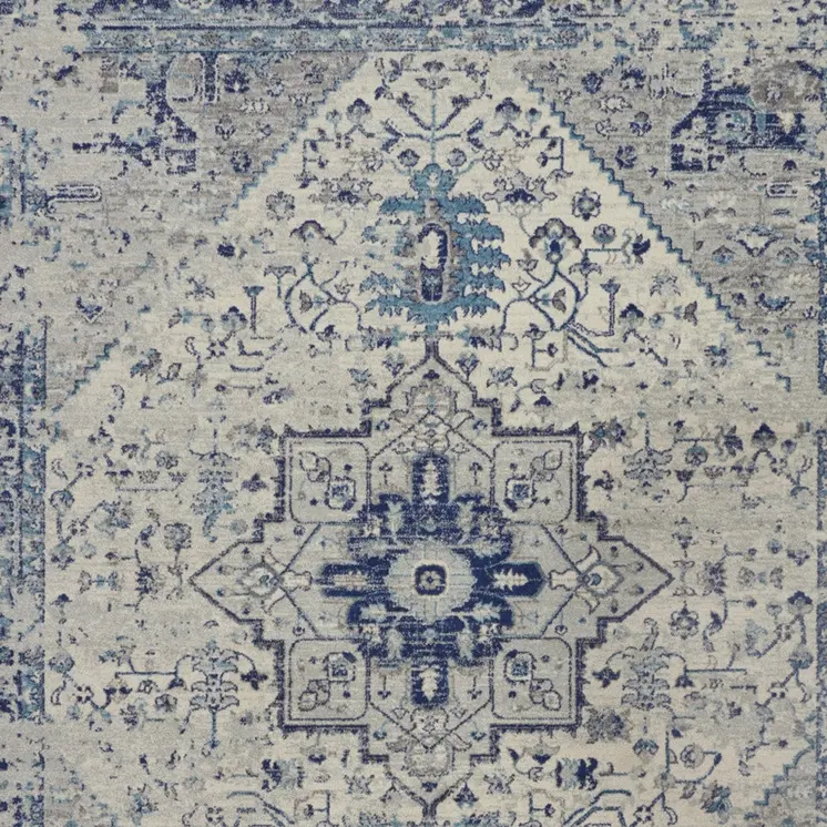 7' X 10' Ivory And Light Blue Floral Medallion Distressed Area Rug