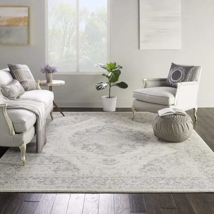7' X 10' Ivory And Gray Floral Medallion Distressed Area Rug
