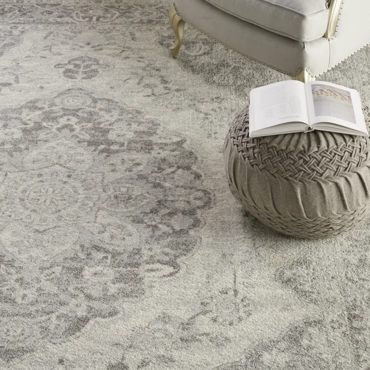 7' X 10' Ivory And Gray Floral Medallion Distressed Area Rug