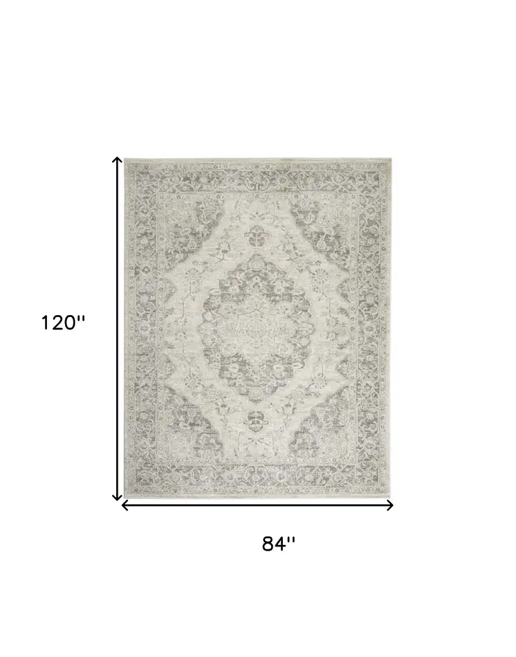 7' X 10' Ivory And Gray Floral Medallion Distressed Area Rug