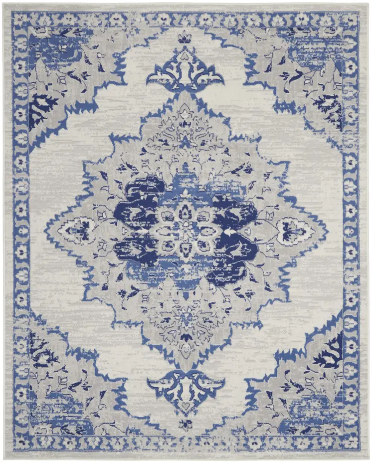 8' X 10' Ivory Blue and Gray Floral Medallion Distressed Non Skid Area Rug