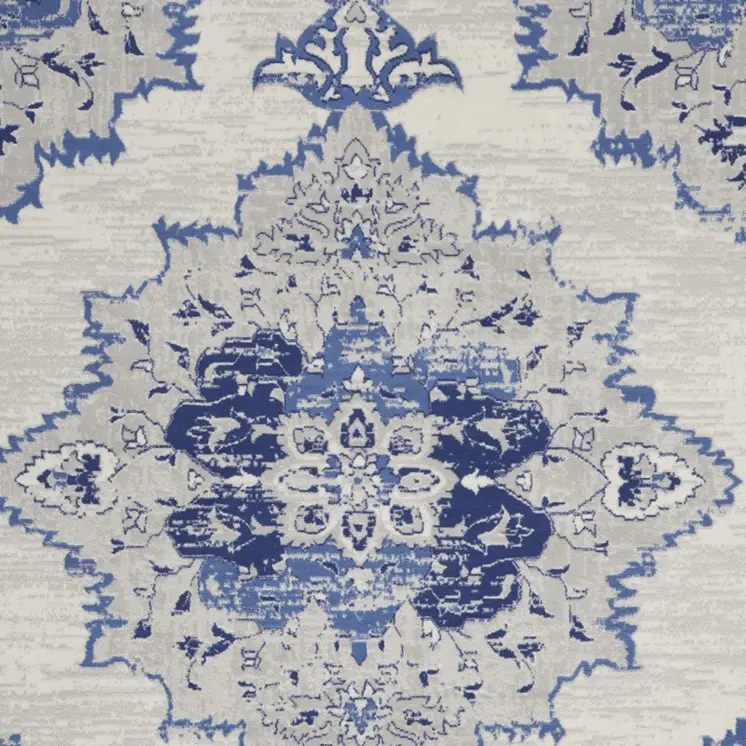 8' X 10' Ivory Blue and Gray Floral Medallion Distressed Non Skid Area Rug