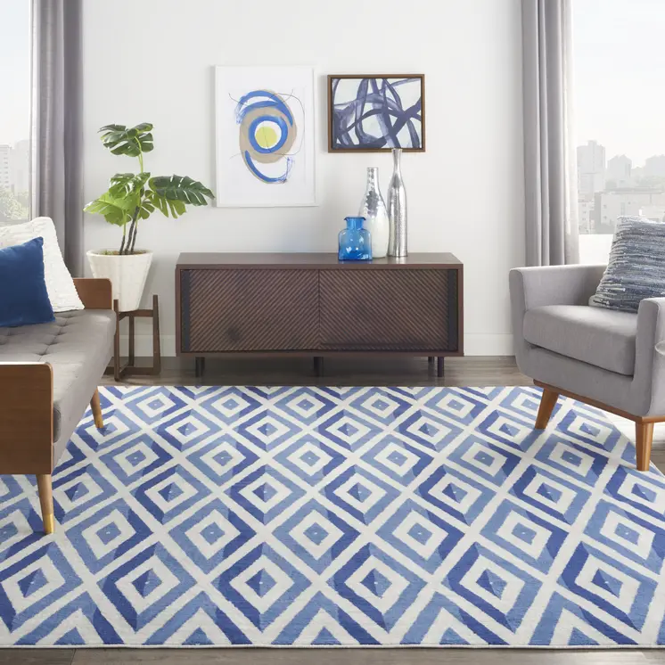 8' X 10' Ivory and Blue Geometric Distressed Non Skid Area Rug