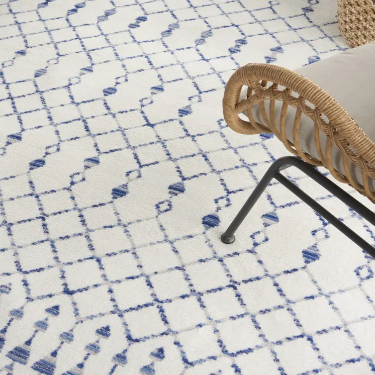 8' X 10' Ivory and Blue Geometric Distressed Non Skid Area Rug