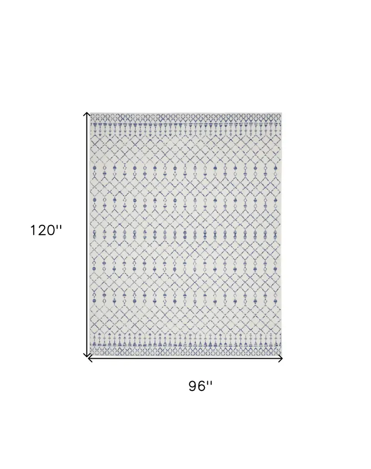 8' X 10' Ivory and Blue Geometric Distressed Non Skid Area Rug