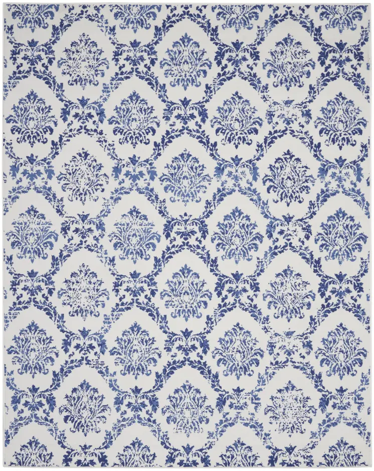 8' X 10' Ivory and Navy Blue Damask Distressed Non Skid Area Rug