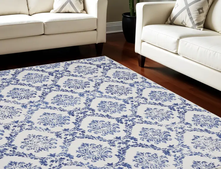 8' X 10' Ivory and Navy Blue Damask Distressed Non Skid Area Rug