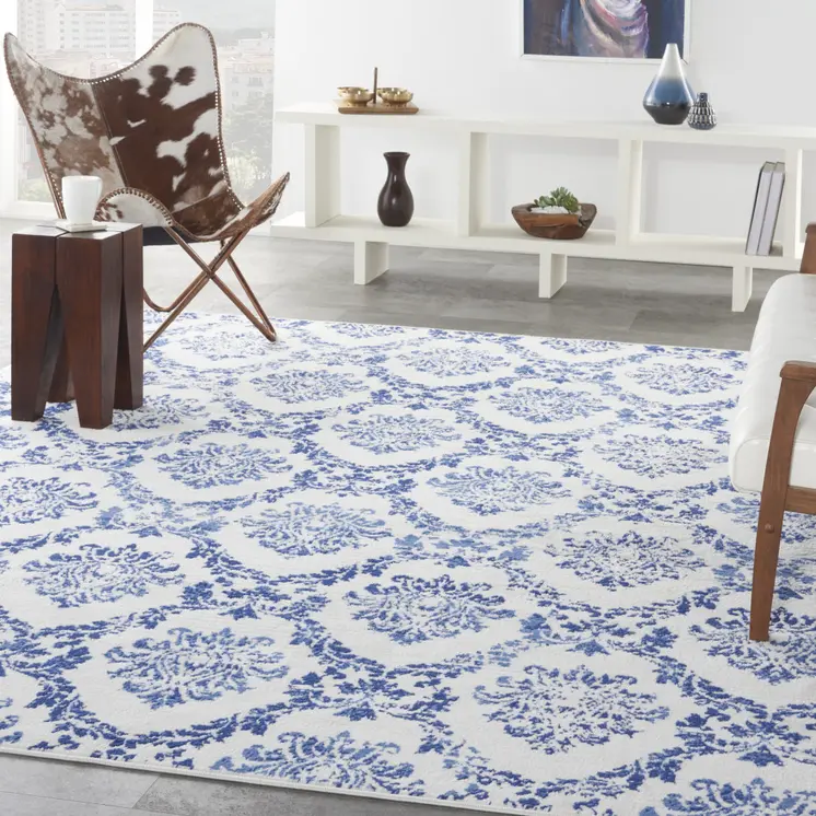 8' X 10' Ivory and Navy Blue Damask Distressed Non Skid Area Rug