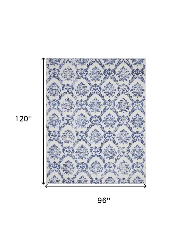 8' X 10' Ivory and Navy Blue Damask Distressed Non Skid Area Rug